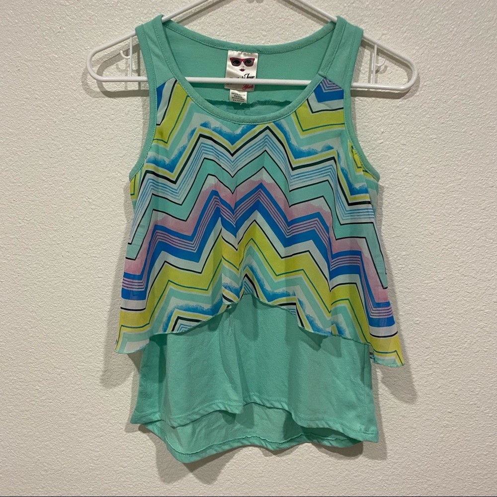 Kids Belle Du Jour Girls Blue Green Chevron Pattern Tank Top XL 16